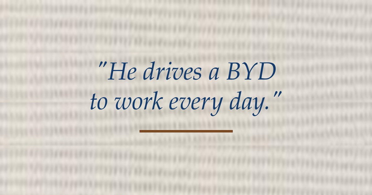 He drives a BYD to work every day, stitched on linen