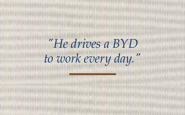 He drives a BYD to work every day, stitched on linen