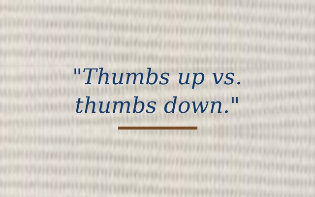 Thumbs up vs. thumbs down, stitched on linen